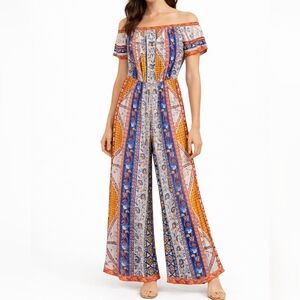 Flying Tomato Off-the-Shoulder Printed Wide-Leg Jumpsuit in Blue and Orange